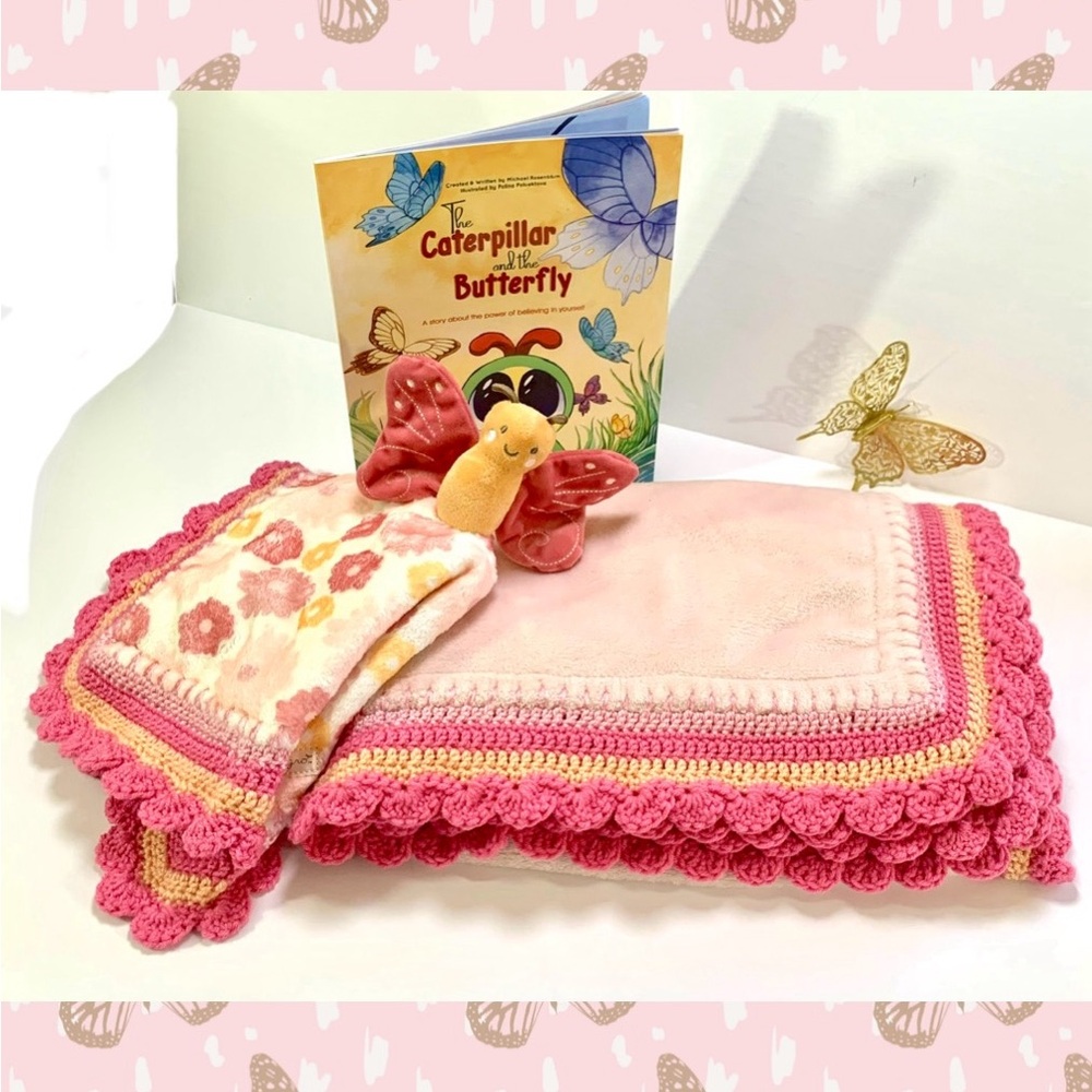 Butterfly Minky Crochet Baby Blanket Lovely and Book Gift Set